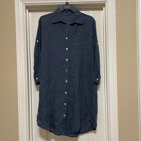 Lungo L'arno 100% Linen Dress Shift Navy - Picture 1 of 9